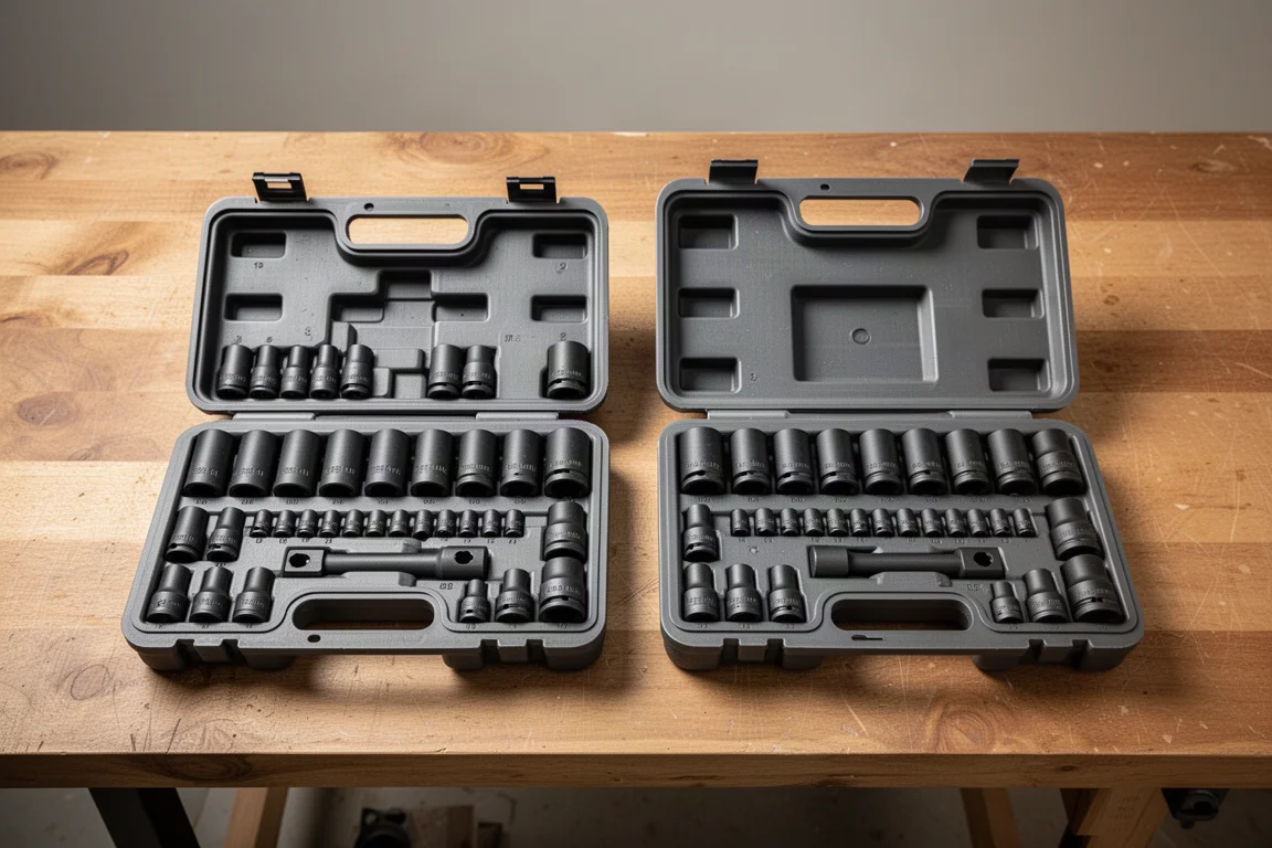 Workbench with two complete socket sets laid out side by side for comparison