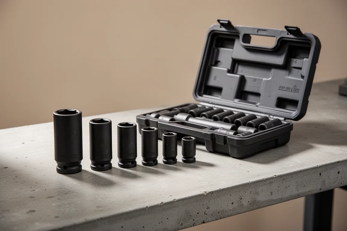 Black impact sockets lined up beside an open molded storage case on a workbench