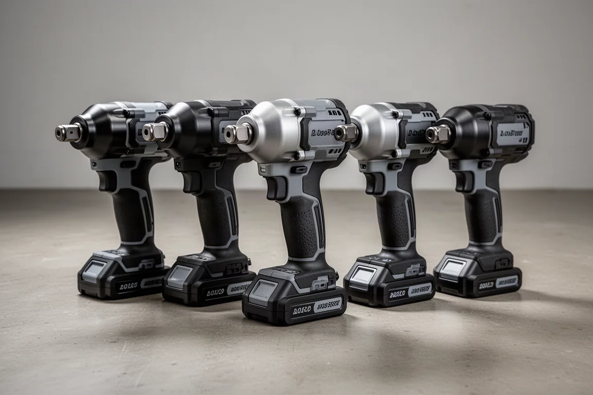 Five cordless impact wrenches lined up on a concrete workshop floor