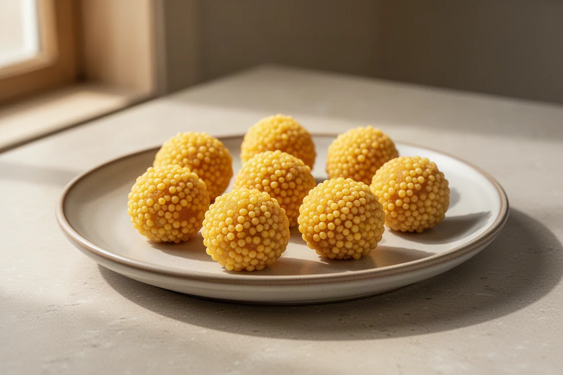 Round yellow Indian sweet ladoo dumplings arranged on a ceramic plate