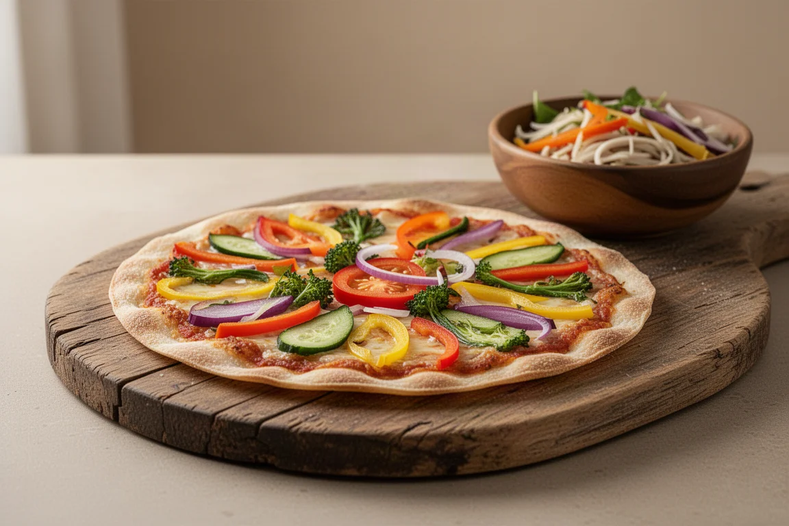 Thin millet pizza base topped with fresh vegetables on a wooden board
