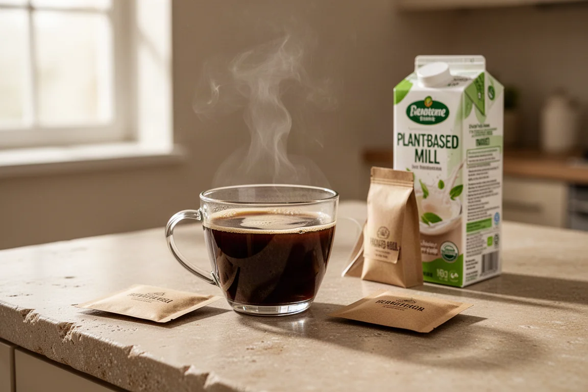 Fresh coffee being brewed in a bright kitchen with steam rising