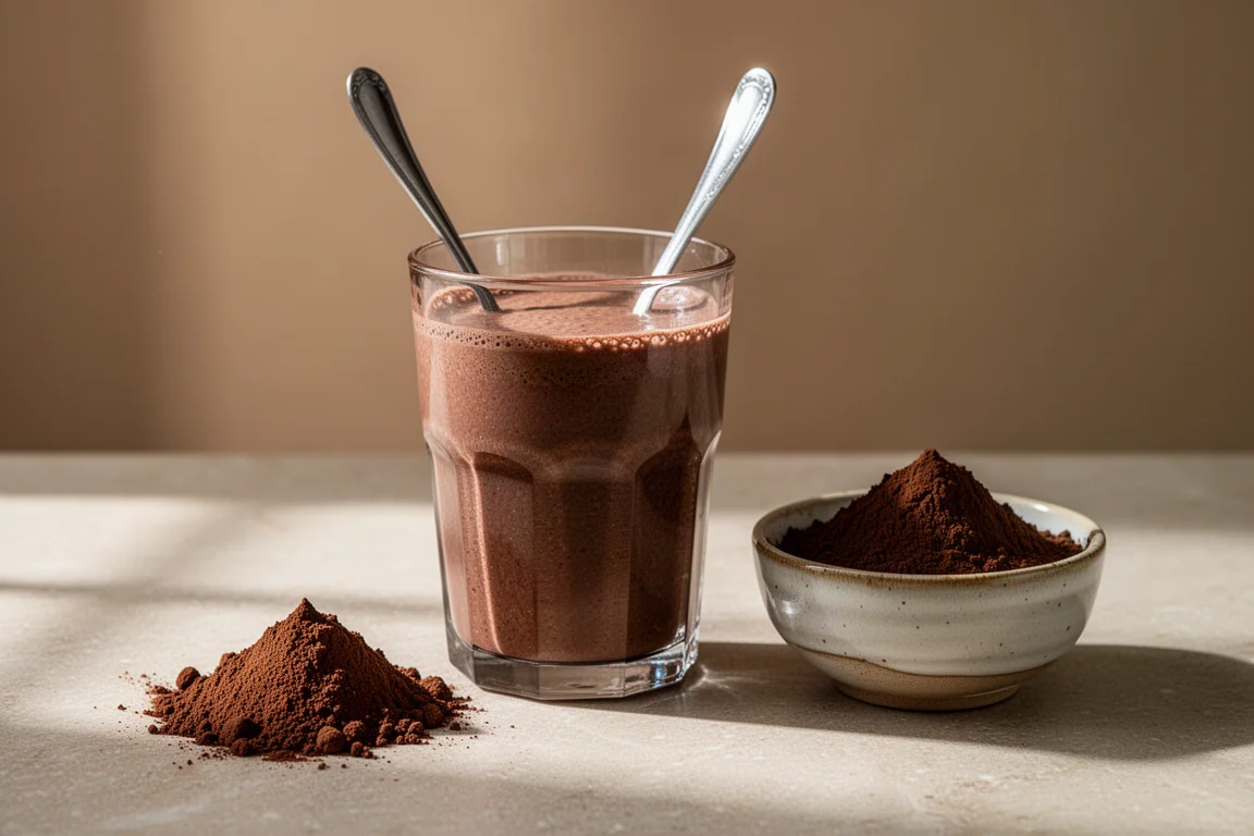 Chocolate plant protein powder being mixed in a glass shaker