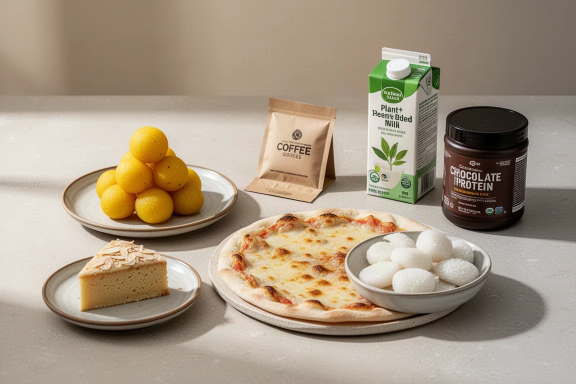 Composizione flat-lay di prodotti health food indiani tra dolcetti, base per pizza, caffè, latte d'avena e proteine in polvere