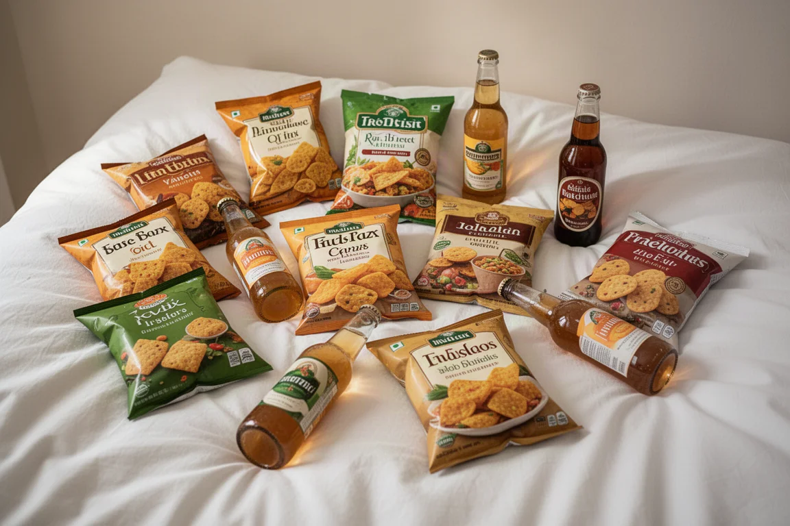Confezioni di snack indiani assortiti sparse su un letto con una persona che ne afferra uno