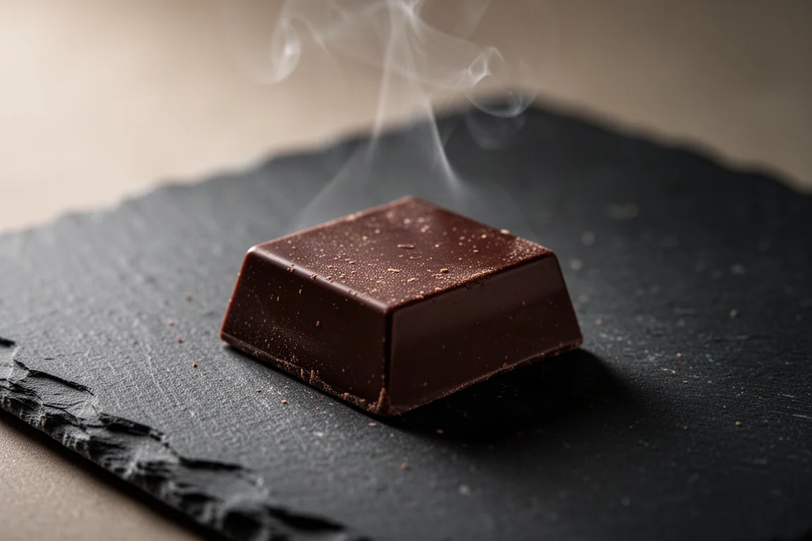 Un piccolo quadrato di cioccolato dai bordi fusi su una superficie di ardesia scura