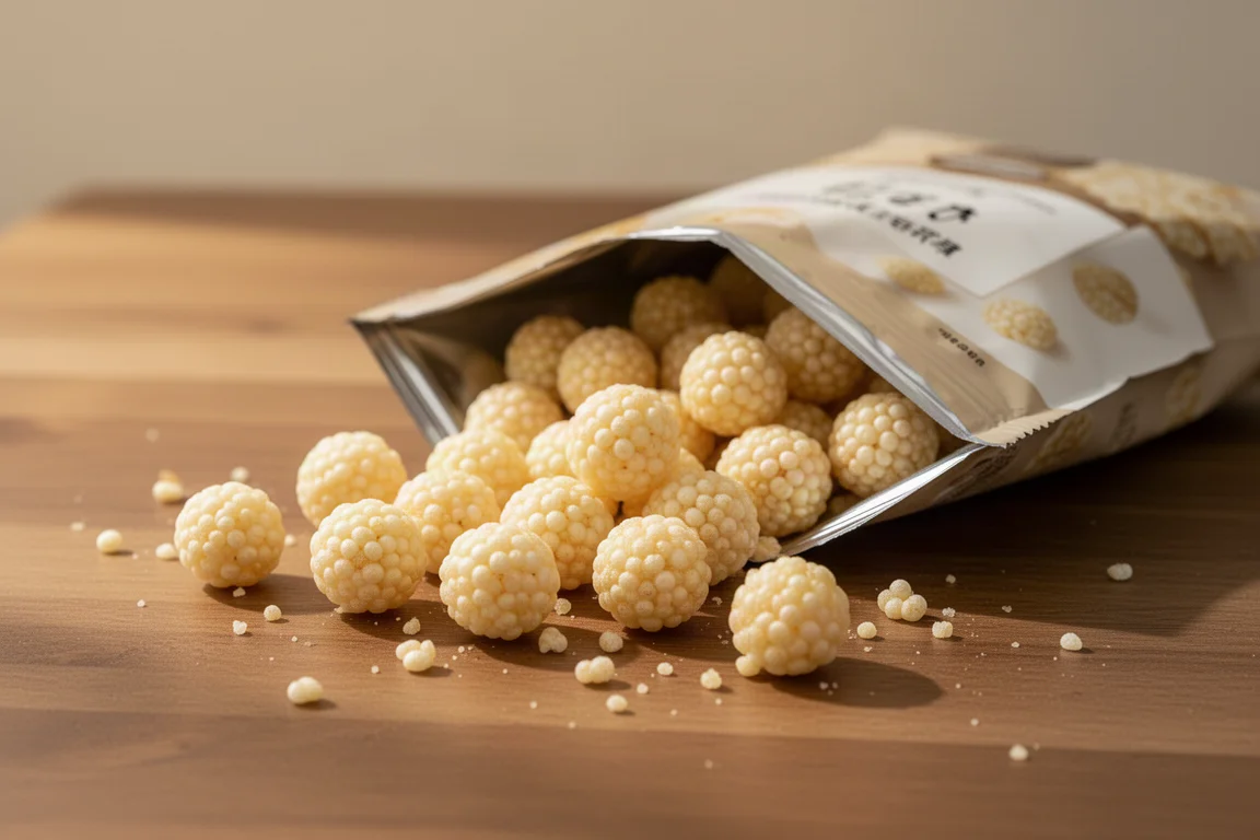 Bocconcini croccanti di snack al miglio soffiato che fuoriescono da una confezione su un tavolo di legno