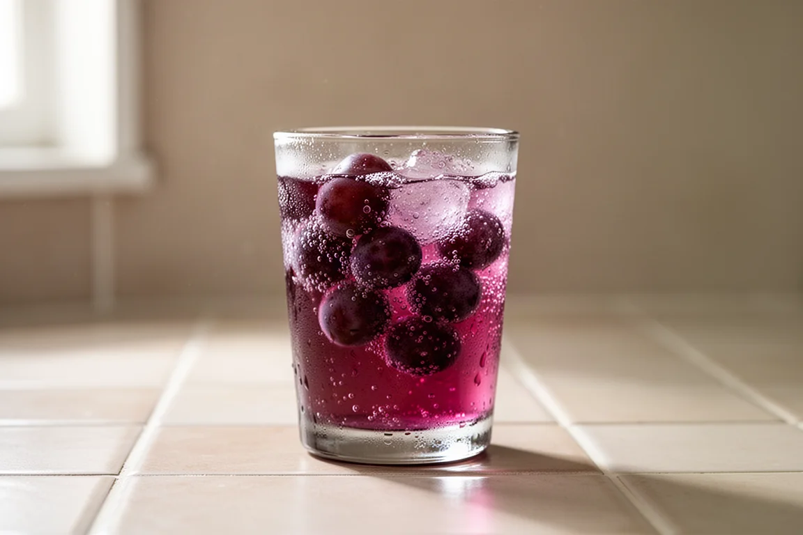 Una bevanda viola all'uva frizzante servita in un bicchierino su un piano piastrellato