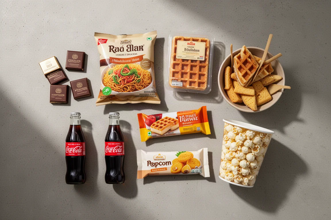 Assortimento di snack indiani confezionati disposti su una superficie di cemento opaco