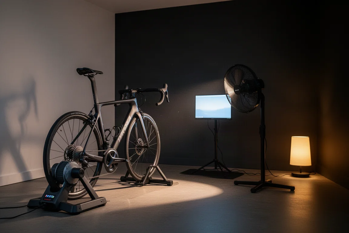 Inomhuscykelhörna i skymningen med en cykel på en trainer och en skärm framför