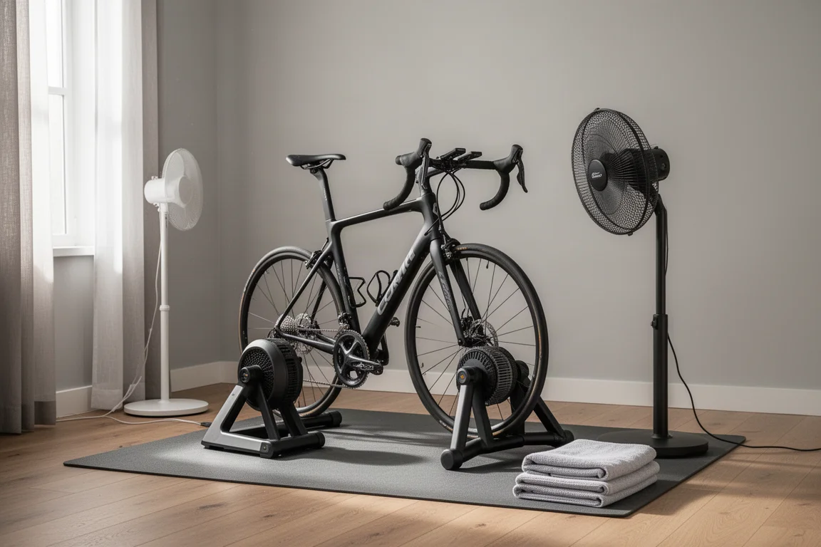 Angolo per l'allenamento indoor con una bici sui rulli, un ventilatore e un tappetino protettivo