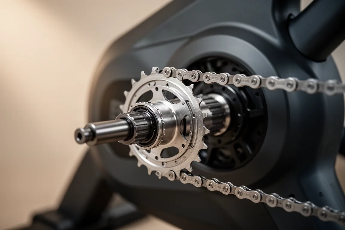 Primo piano di un pignone e di una catena di smart trainer montati su un freehub