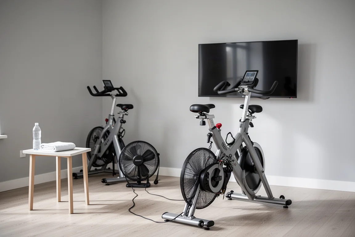 Bici da allenamento stazionaria allestita in una stanza ordinata con schermo e borraccia