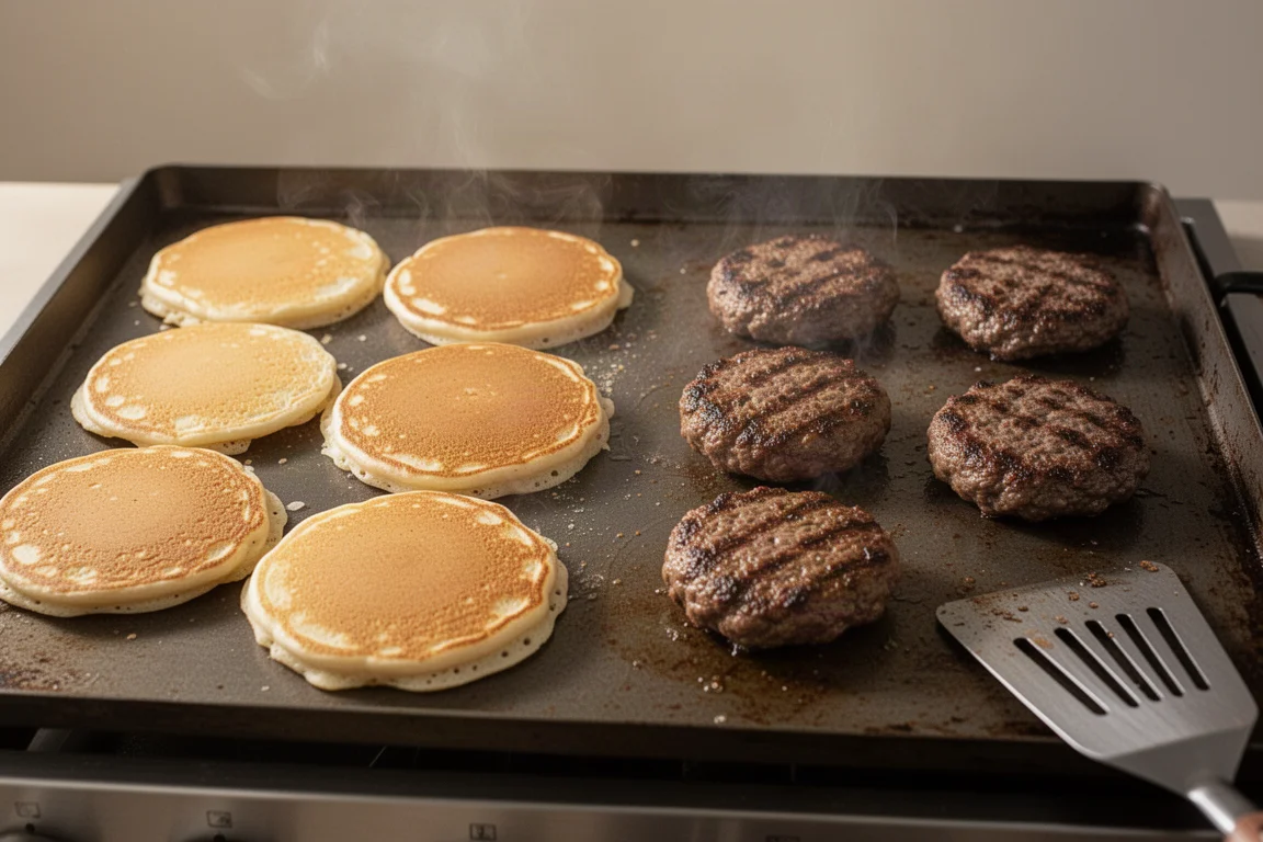 Pancakes und Burger braten auf einer großen flachen Griddle-Oberfläche