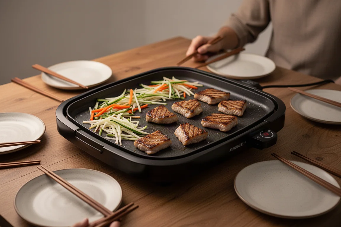 Elektro-Griddle als Kochstation am Tisch für Gäste aufgebaut