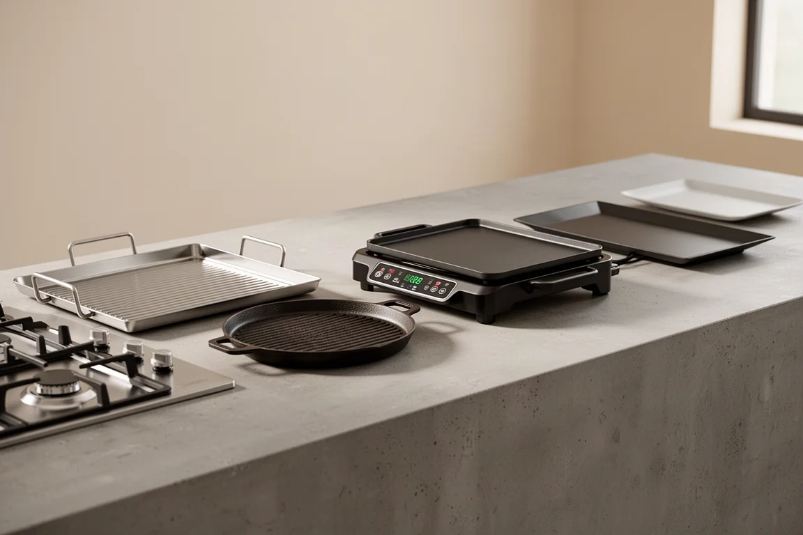 Five stovetop and electric griddles lined up on a kitchen counter
