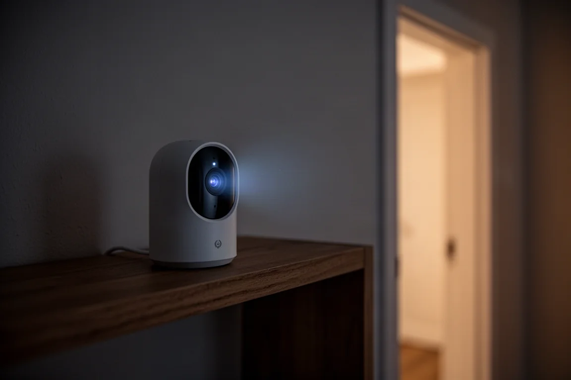 Telecamera indoor compatta su una mensola in una stanza poco illuminata di notte