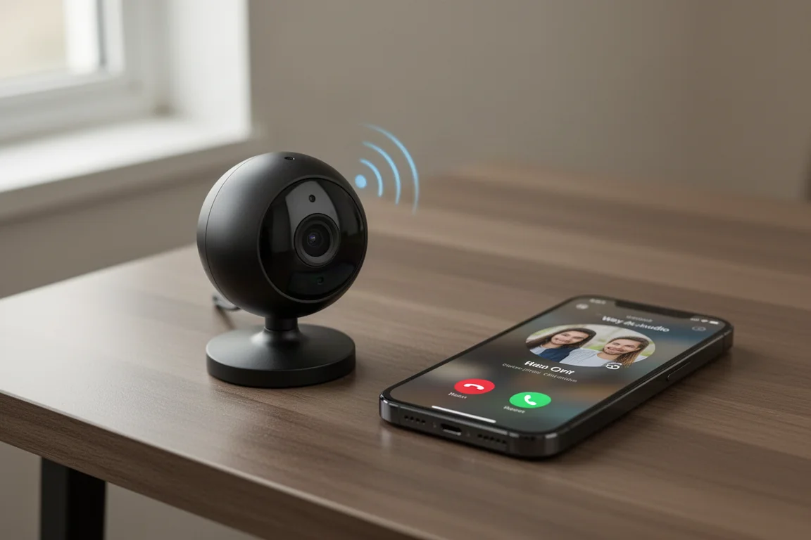 Dimostrazione della conversazione bidirezionale con una piccola telecamera su un tavolo
