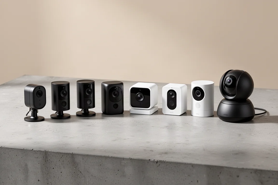 Nove telecamere di sicurezza indoor di diverse forme disposte su una superficie in cemento