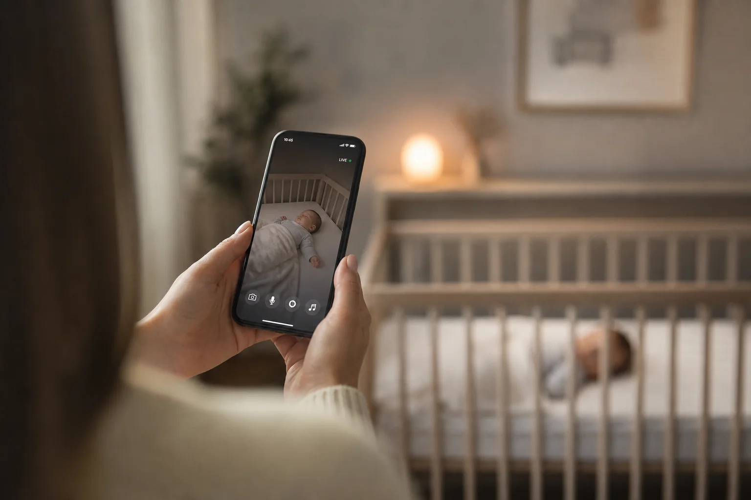 Un parent surveille son enfant endormi via le flux d'une caméra de sécurité sur smartphone