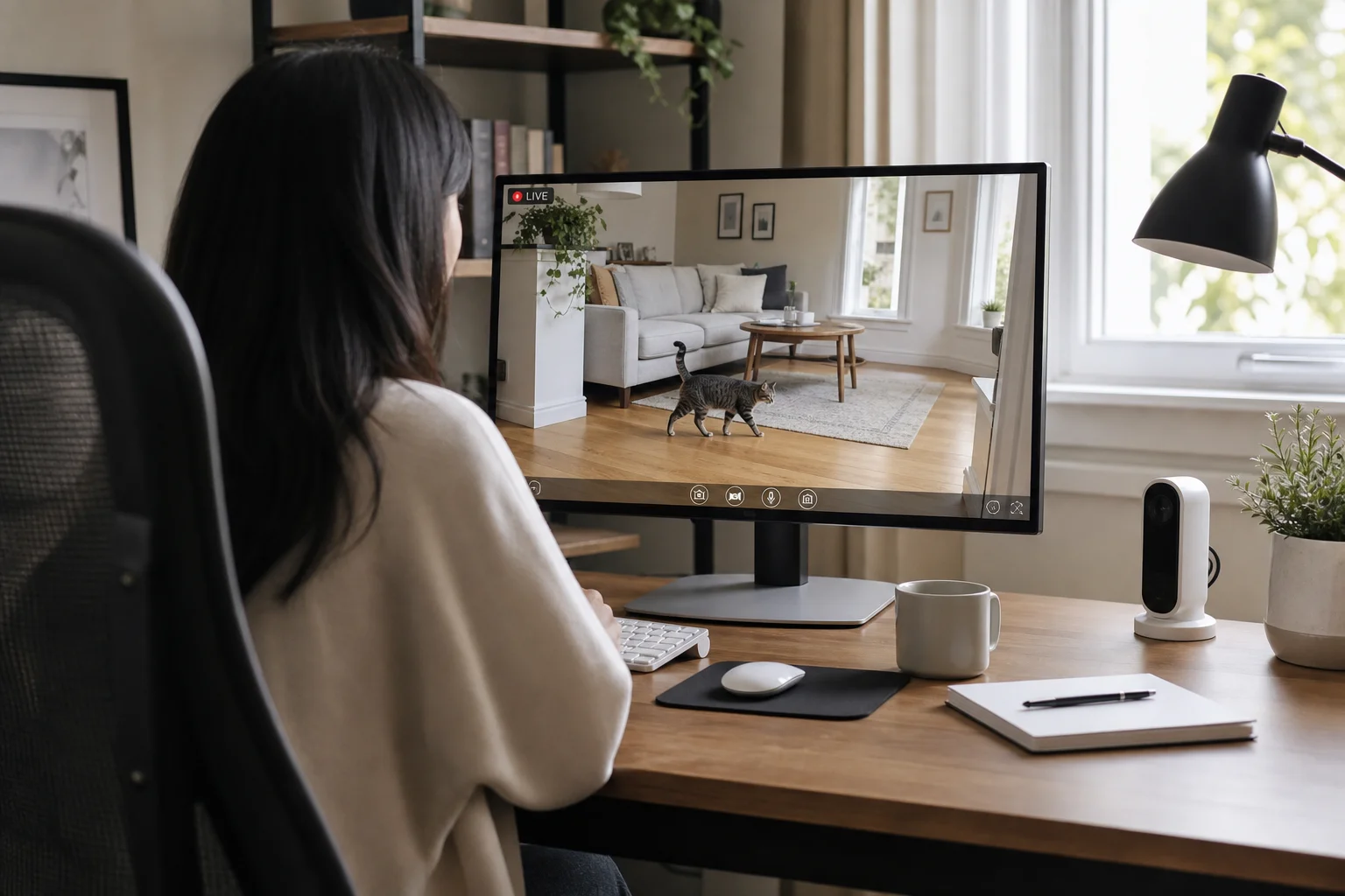 Un propriétaire d'animal regarde le flux en direct de son chat sur l'écran de son bureau