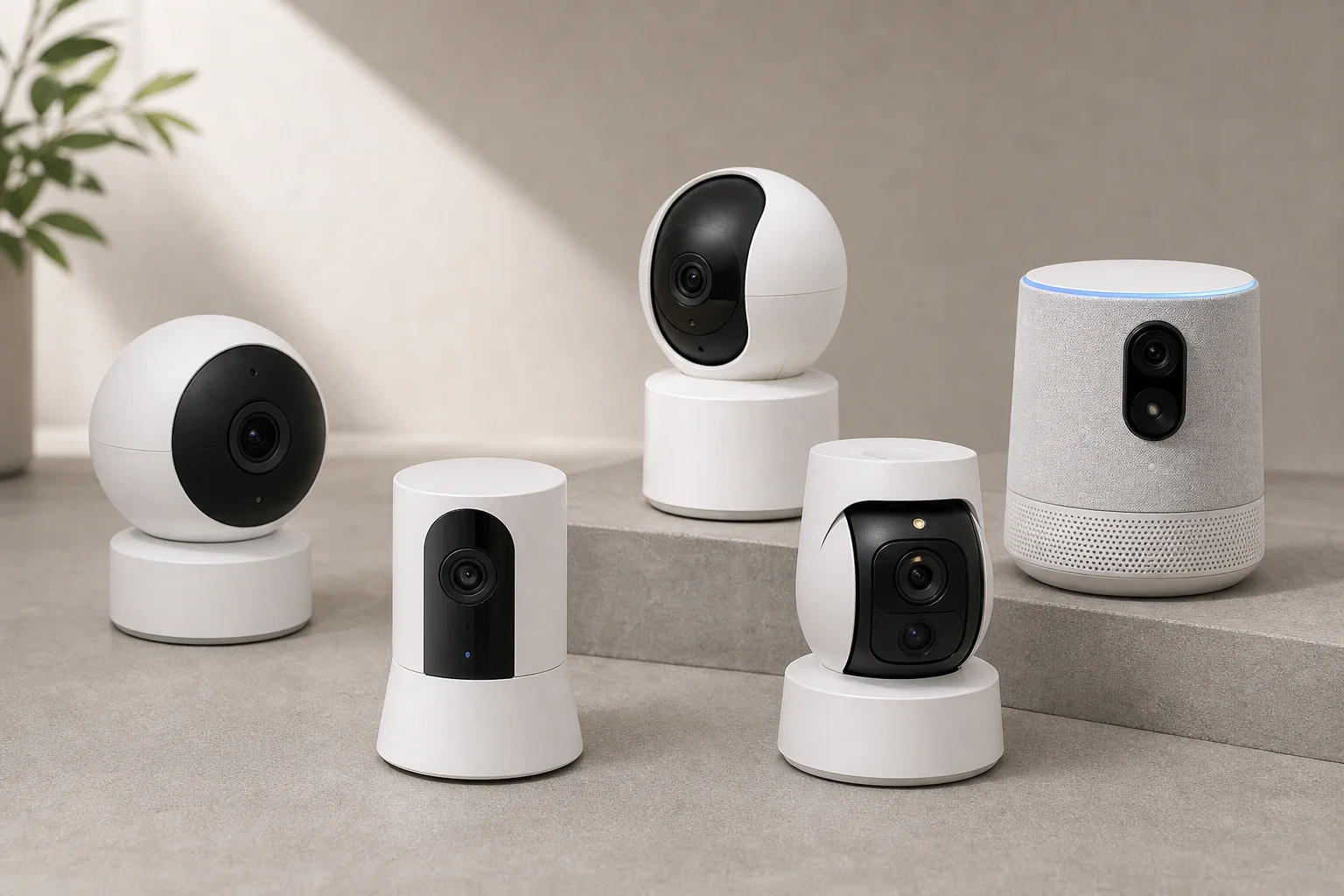 Five indoor security cameras displayed on concrete surface