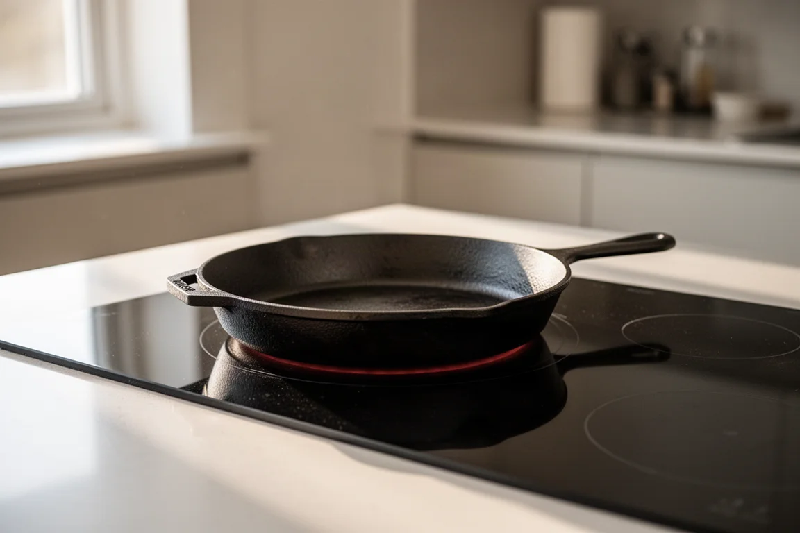 Ferromagnetic cookware resting on an induction cooktop in a home kitchen