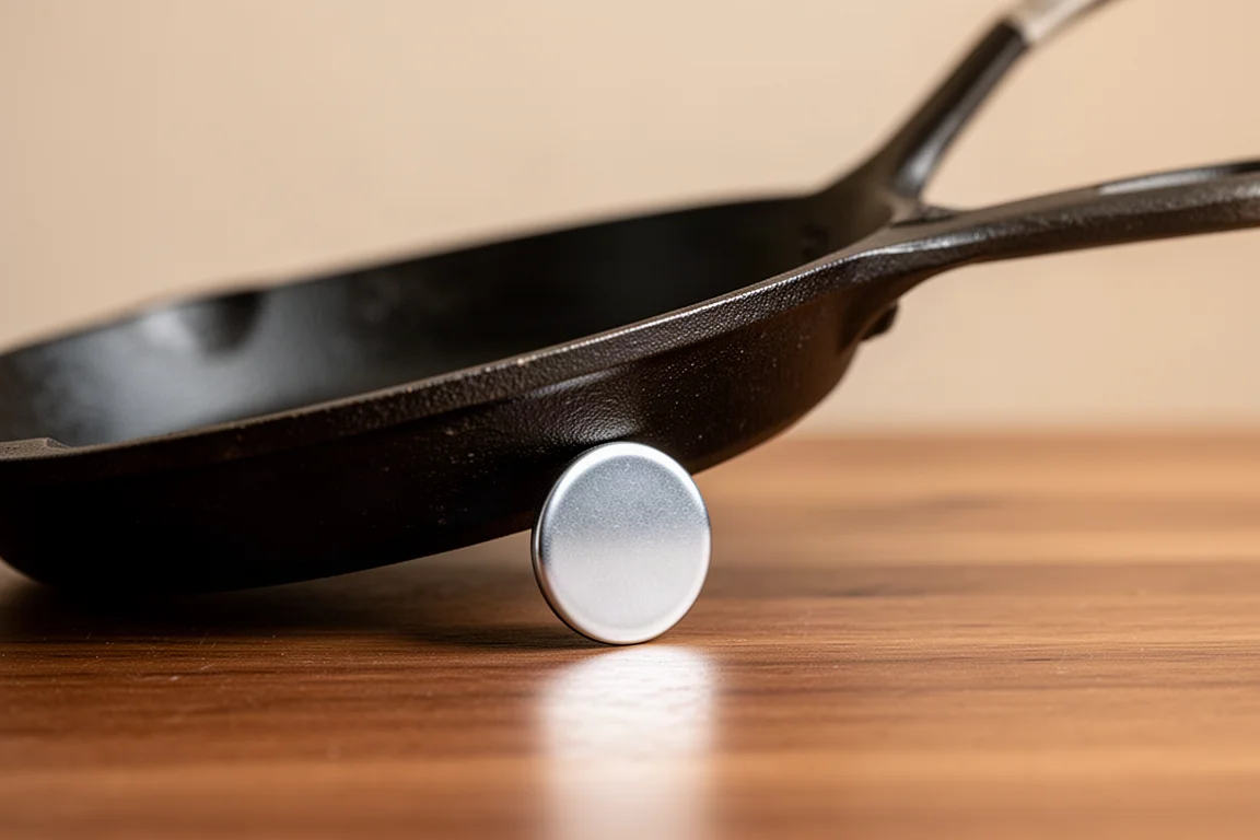Small magnet sticking to the base of a cast iron skillet on a wooden table