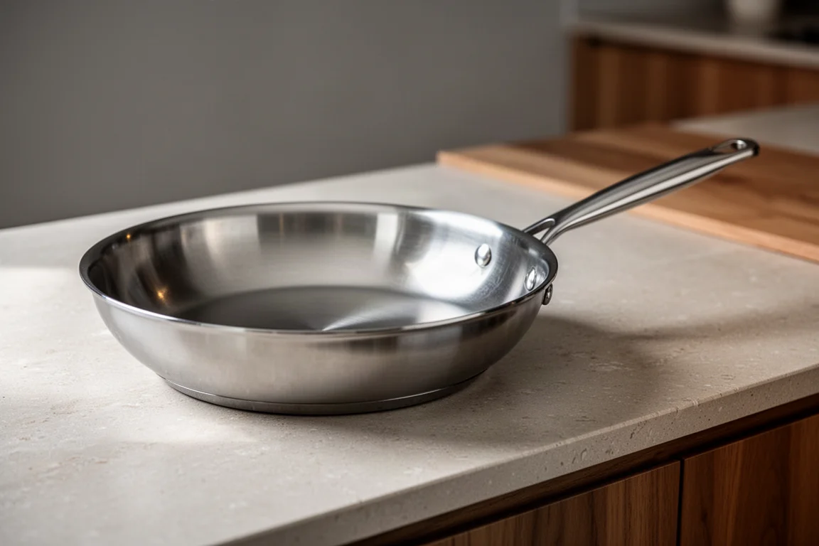 Fully clad stainless steel fry pan resting on a kitchen counter with soft light