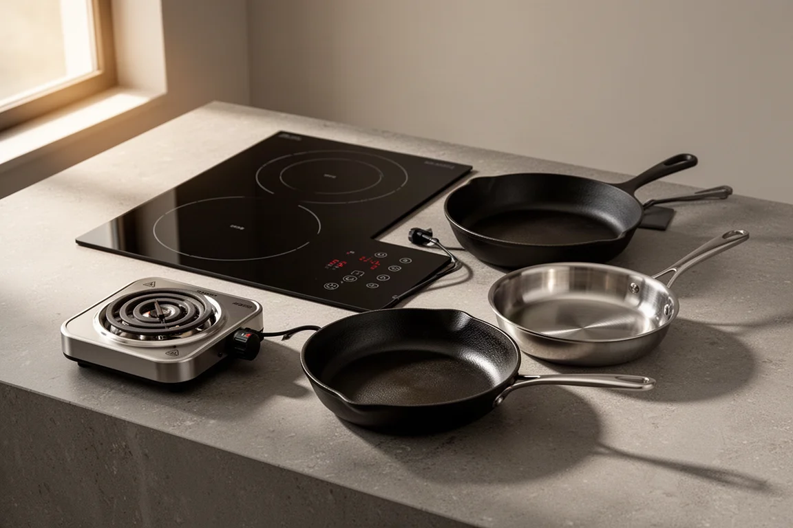 Induction cooktops, cast iron skillet and stainless steel pan arranged on a stone surface