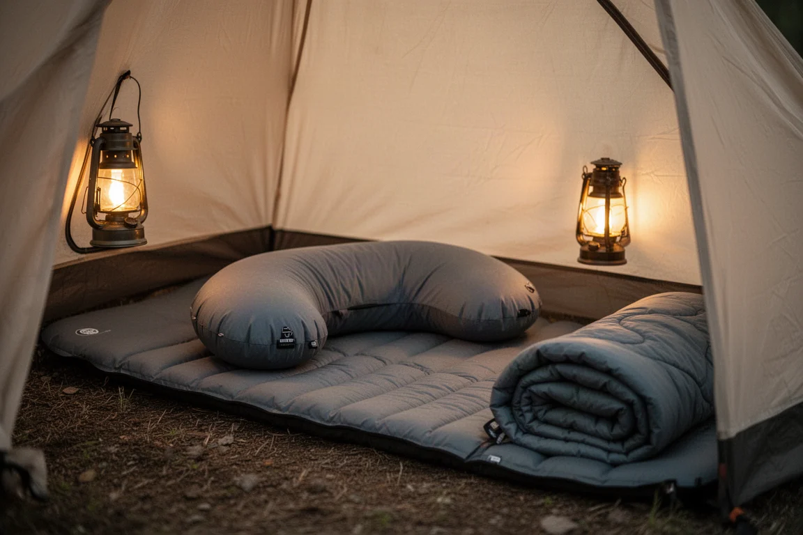 Cuscino da campeggio appoggiato su un materassino all'interno di una tenda illuminata soffusamente di notte