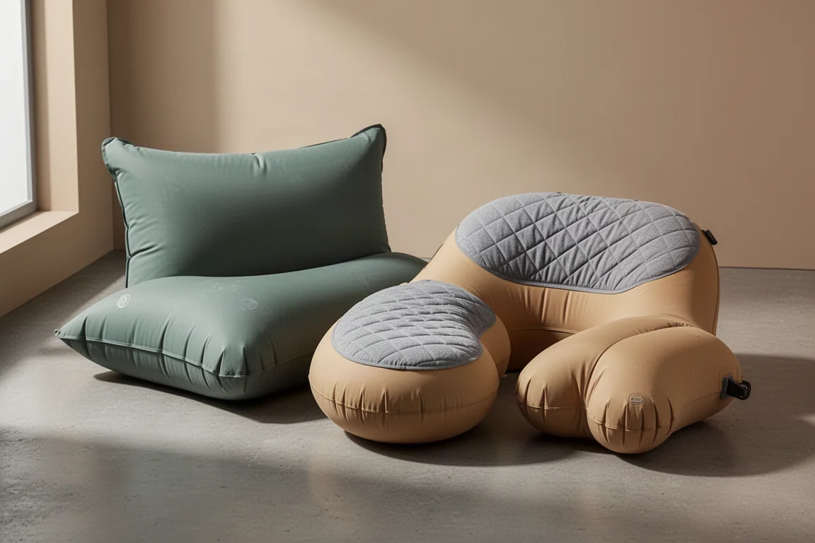 Three inflatable camping pillows of different shapes arranged on a concrete surface