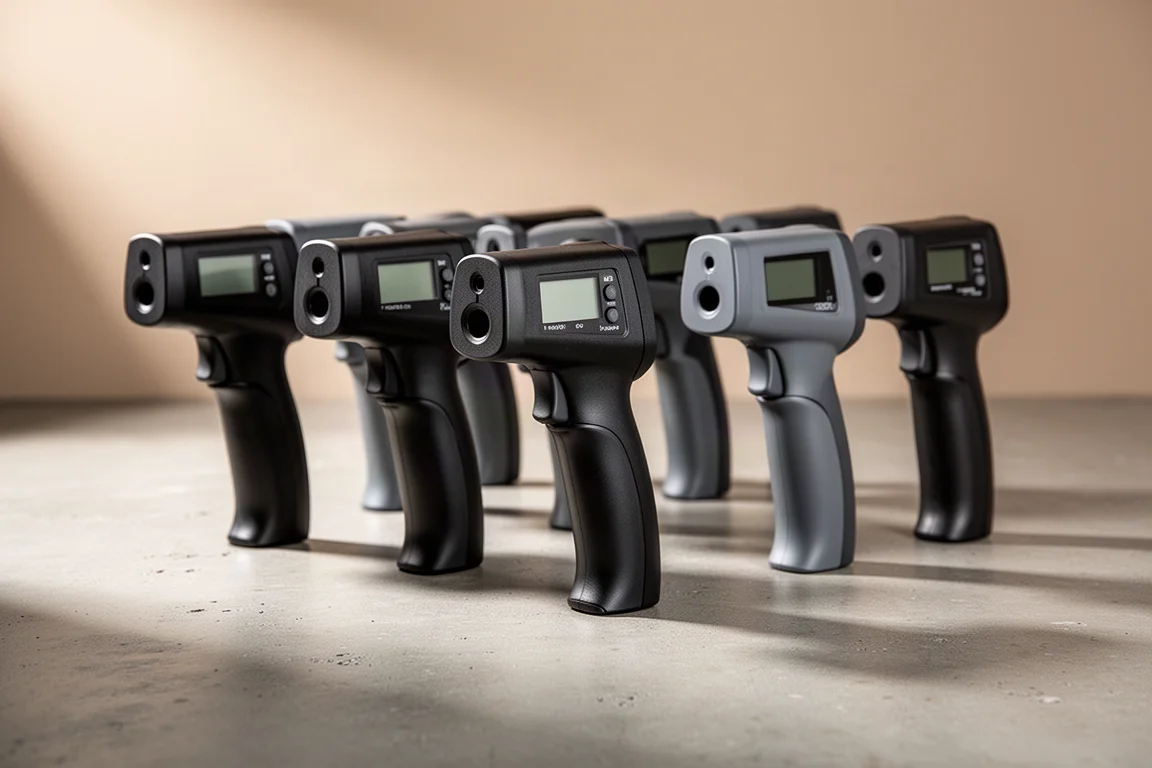 Row of handheld infrared thermometers on a concrete surface