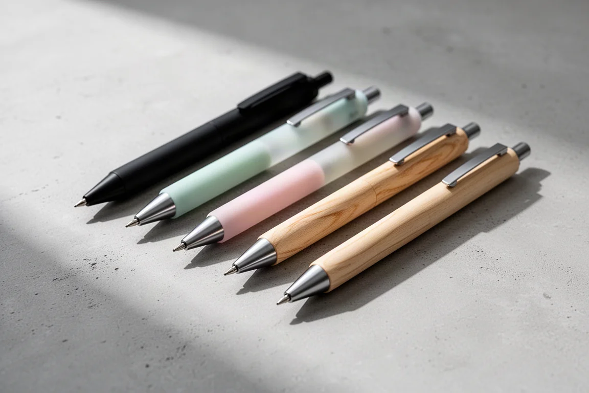 Lineup of seven Japanese mechanical pencils in black, pastel, and wood finishes on a grey surface