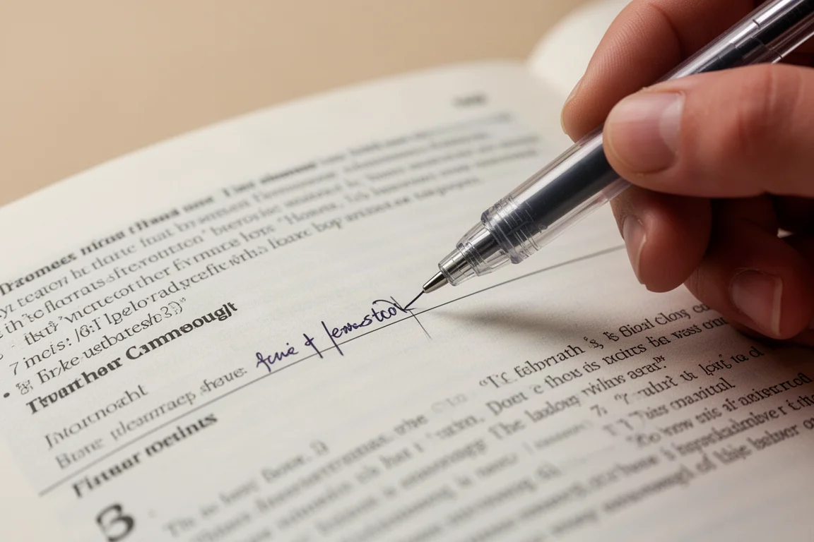 Primo piano di una penna a punta fine che scrive piccole note nel margine di una pagina stampata
