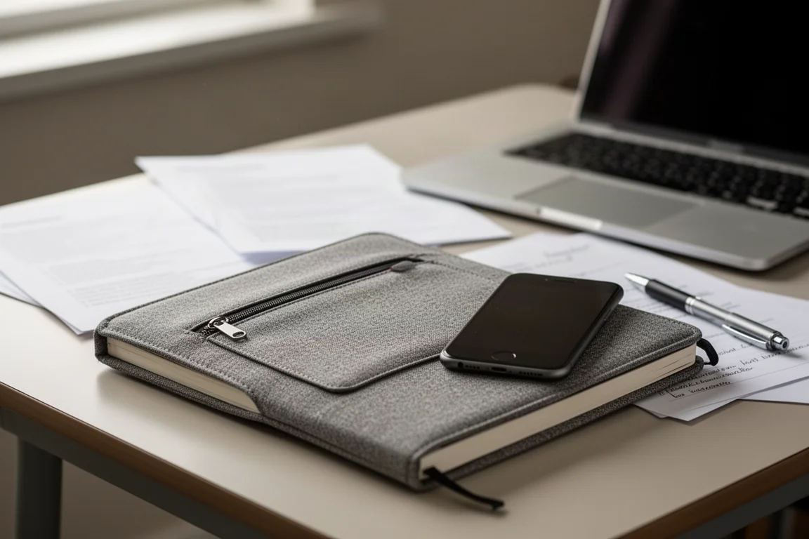 Quaderno aperto con copertina a zip e uno smartphone appoggiato sopra