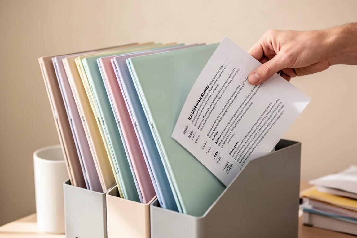 Faldoni colorati impilati ordinatamente su una scrivania da studio