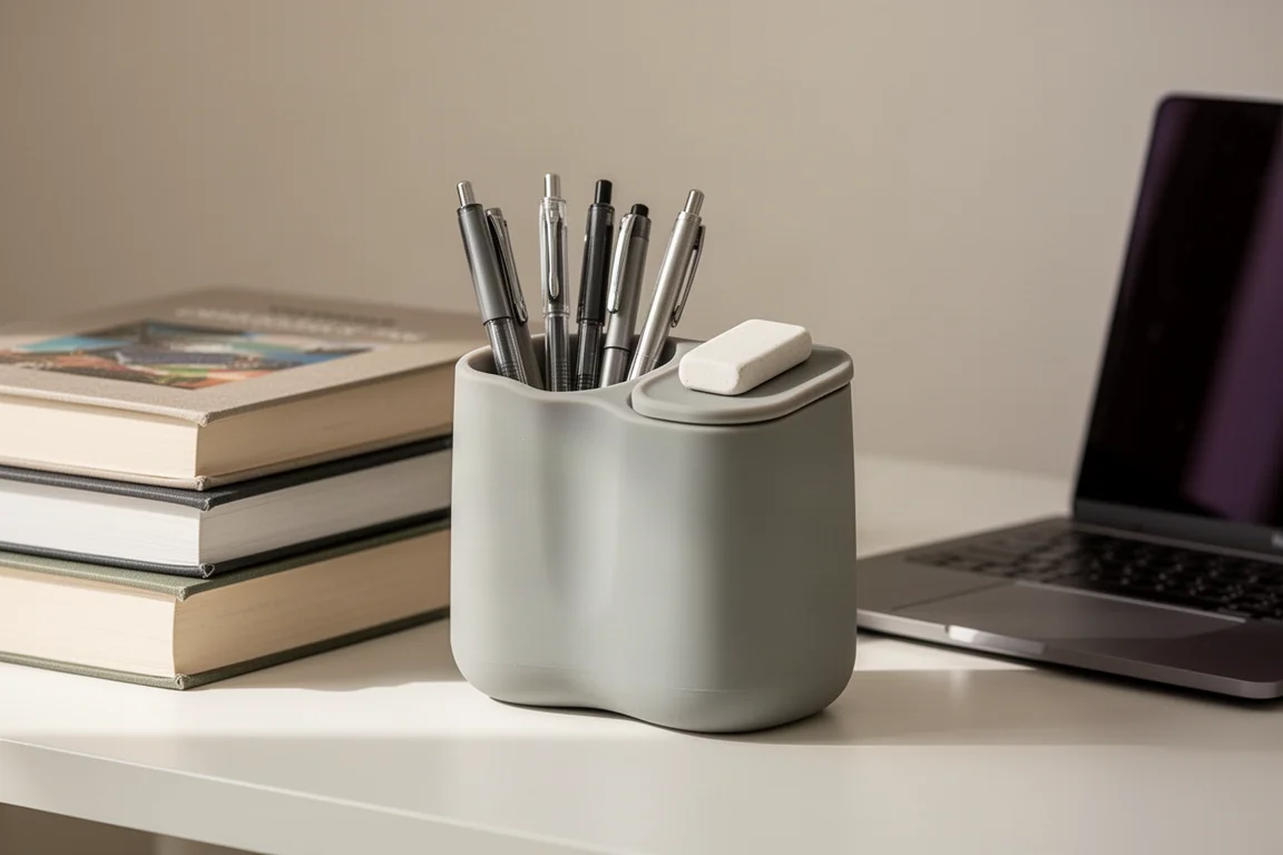 Scrivania ordinata con penne disposte in un portapenne verticale accanto ai libri di testo