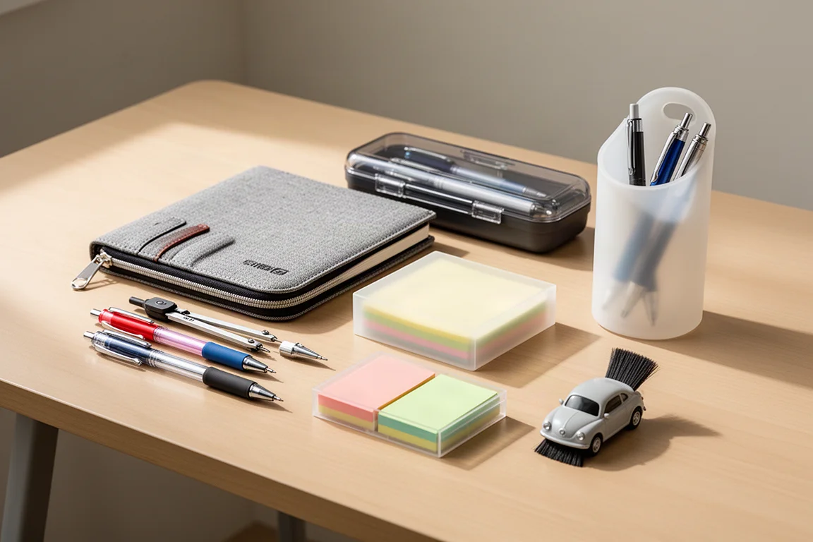 Assortment of school stationery including pens, notebooks, folders, and pen cases on a desk