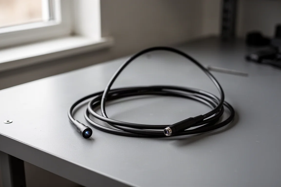 Cienki kabel sondy endoskopu zwinięty na blacie warsztatu w miękkim świetle