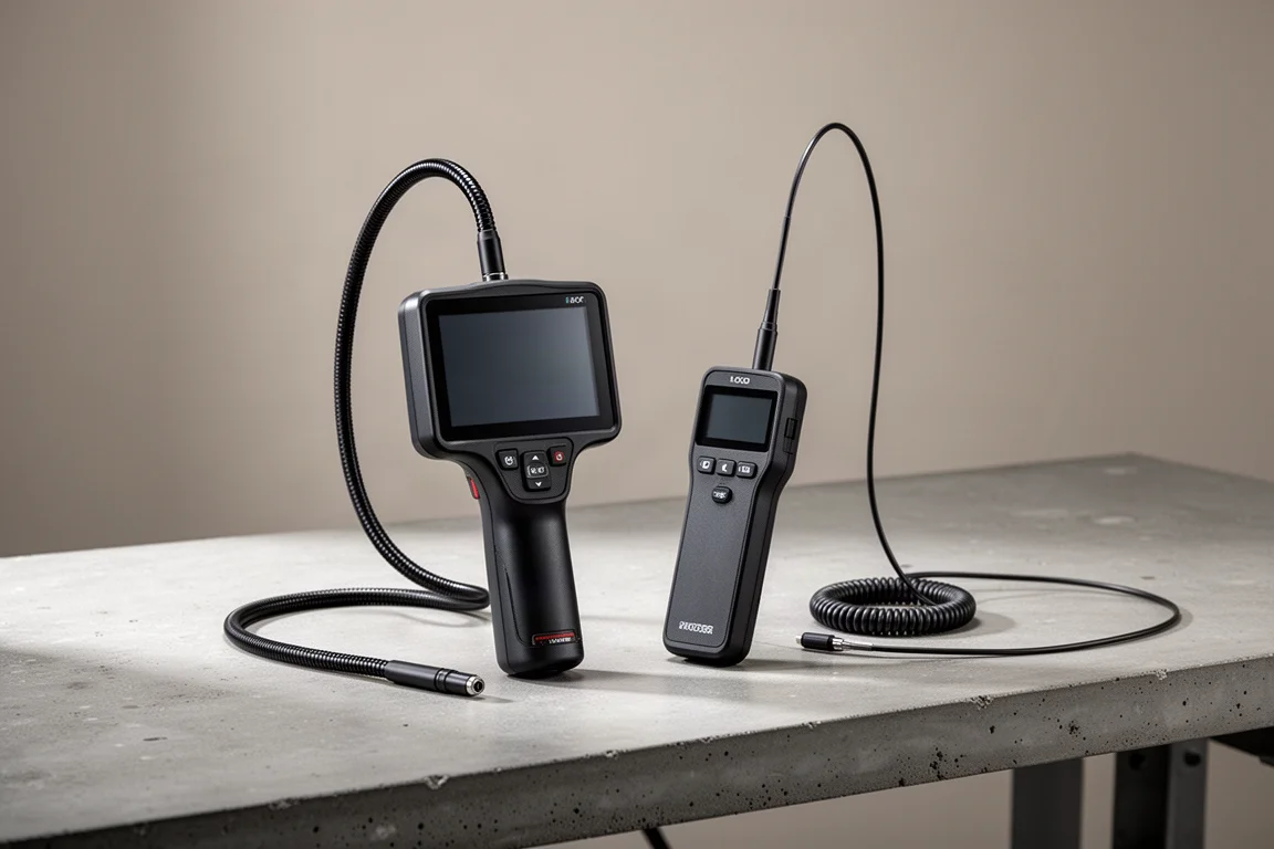 Two inspection camera units with probe cables on a concrete workbench