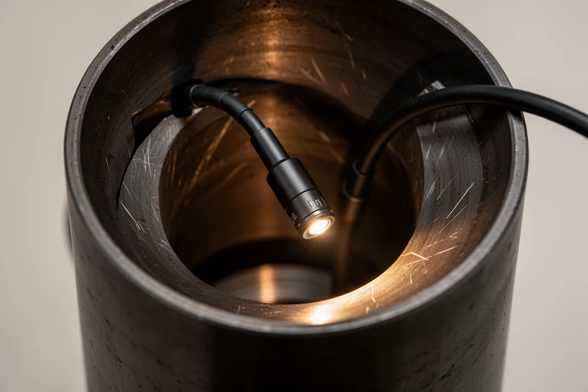 Artikulowana końcówka boroskopu sterowana wewnątrz ciemnego metalowego cylindra