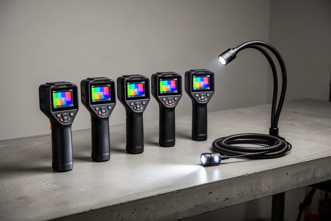 Row of handheld inspection cameras with small screens and coiled gooseneck cables on a workbench