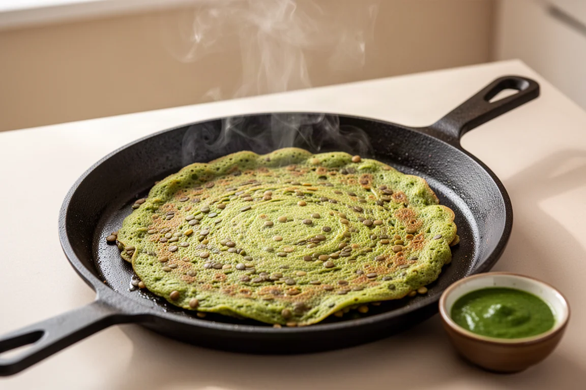 Crêpe de lentilles salée cuisant sur une poêle plate avec du chutney vert à côté