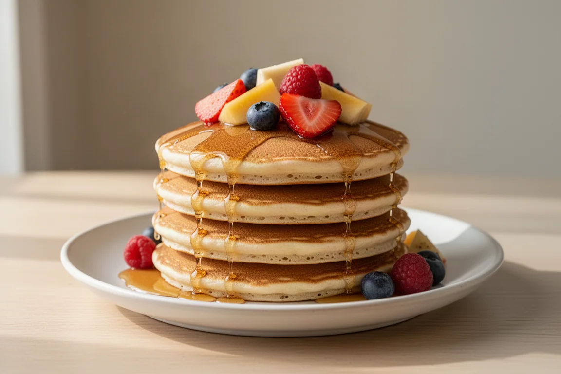Pile de pancakes dorés et moelleux garnis de fruits frais