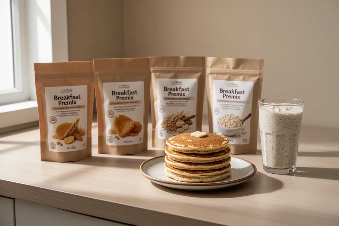 Quattro confezioni di premix per colazione su un piano di cucina con pancake e un frullato di avena