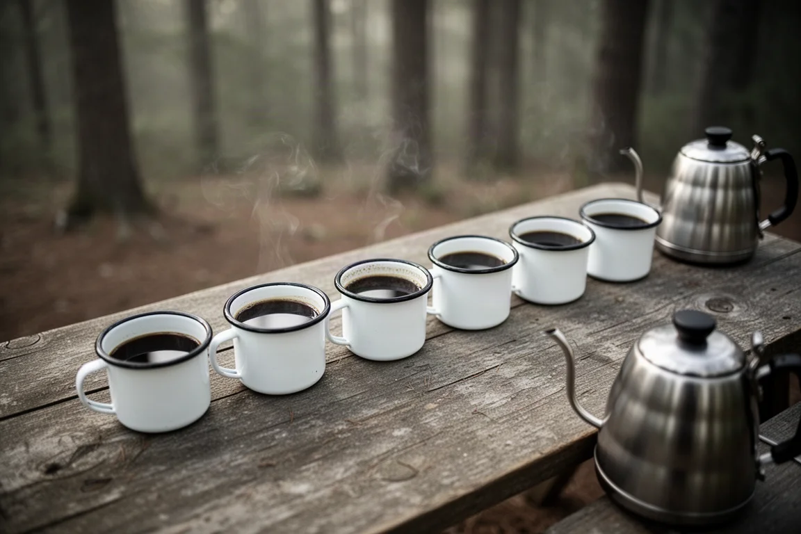 Rangée de petites tasses en émail remplies de café noir sur une table de camp patinée