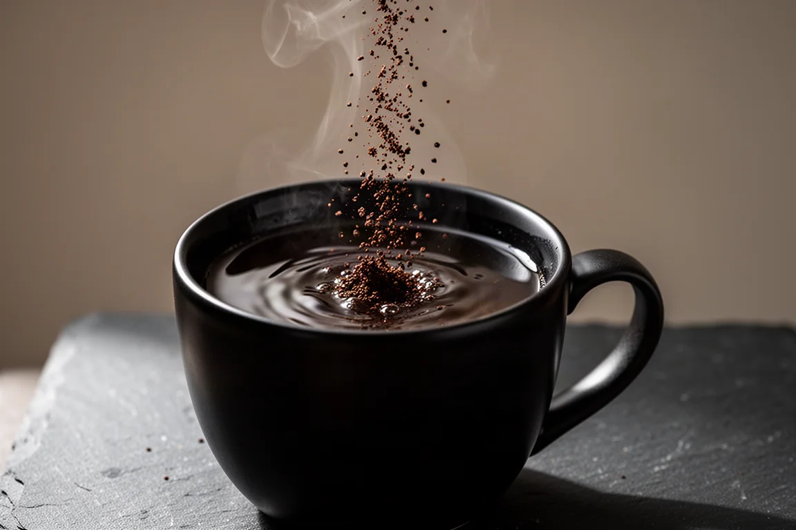 Tasse fumante de café noir sur un rocher de granite près d'un réchaud de camp à l'aube