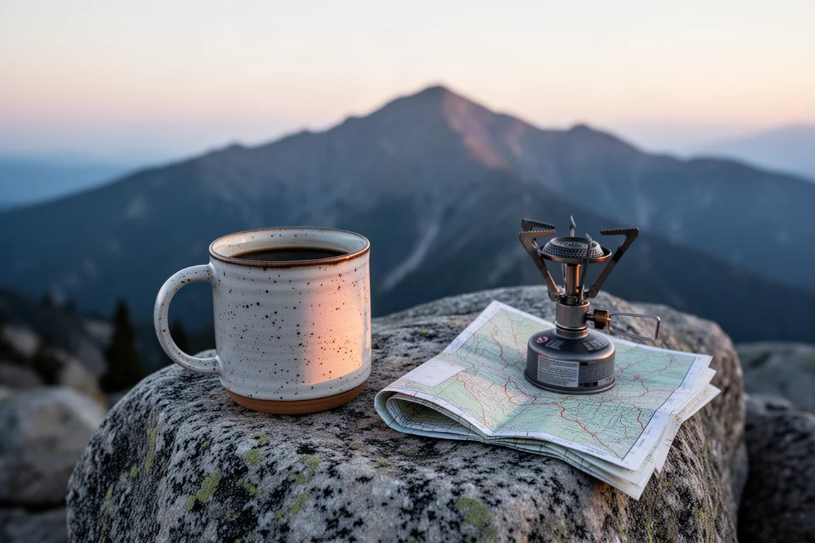Tasse de camp en émail de café à torréfaction moyenne sur une table de pique-nique en bois dans une forêt de pins