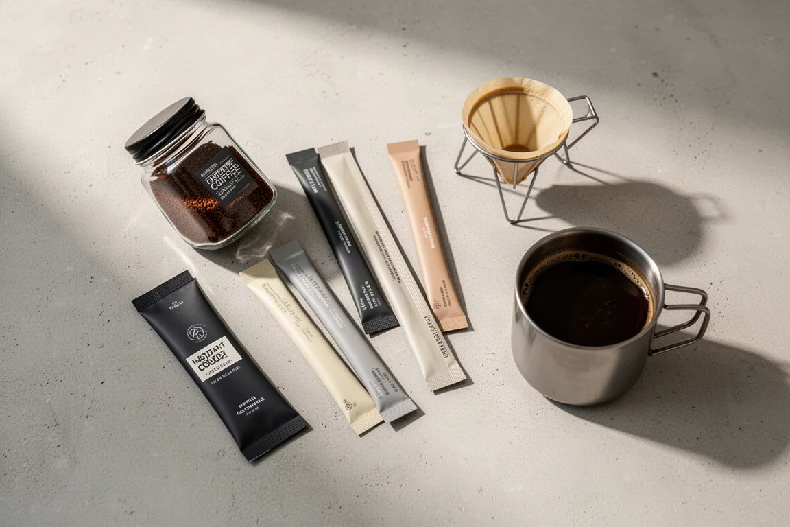 Instant coffee jar, stick packets, pour-over frame and camp mug arranged on concrete
